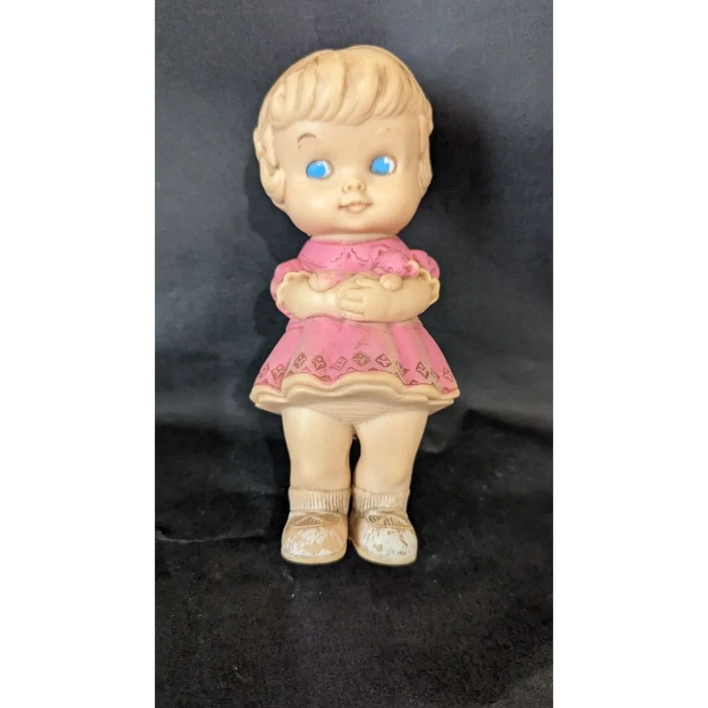Vintage Edward Mobley Co Rubber Doll Girl Pink Dress Teddy Bear 1960s Squeak Toy